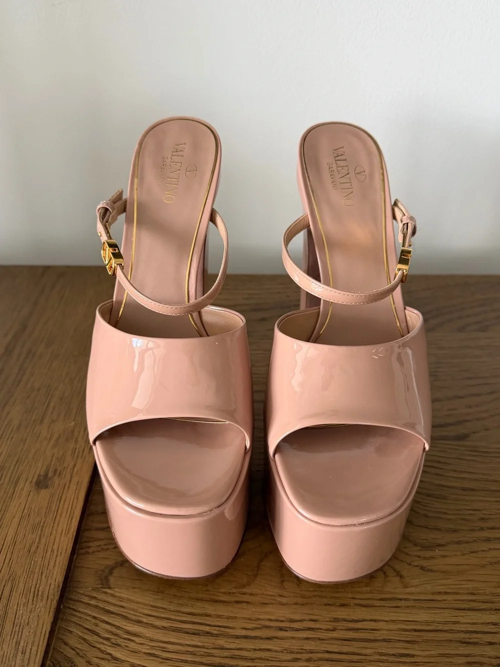 Valentino Blush Patent Leather Platform Heels with Gold Logo Buckle